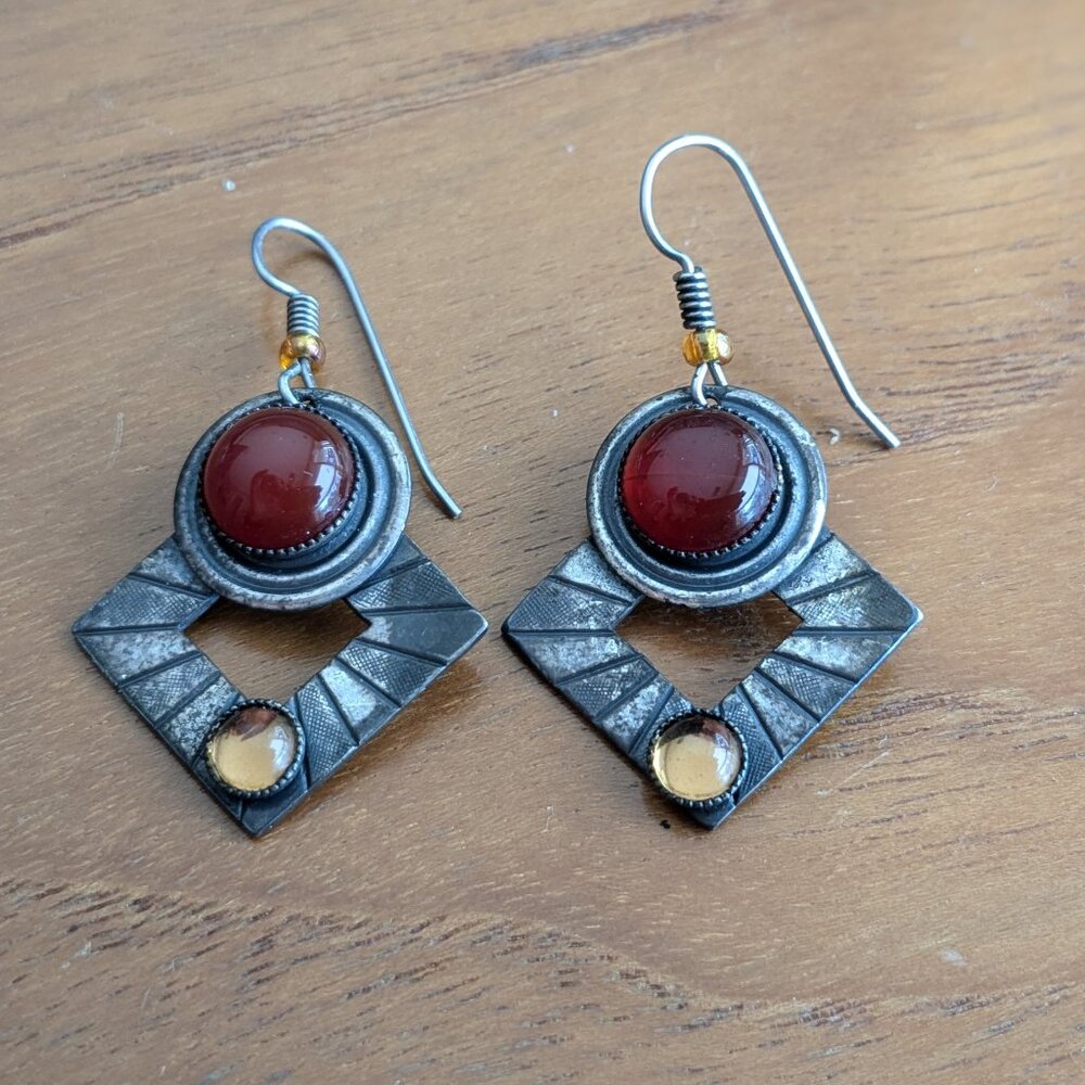 Vintage Artisan Silver Mixed Metal Geometric Earrings - Carnelian